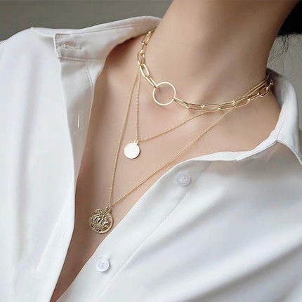 3-Layer Elegant Geometric Gold Color Thick Lock Portrait Pendant Chain Necklace | Women Gold Metal Key Necklace Fashion Jewelry - THELOOTSALE