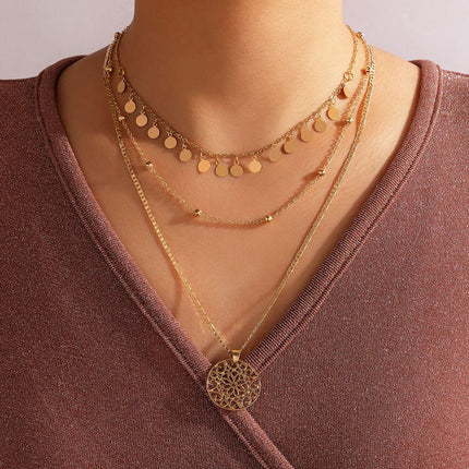3-Layer Gold Color Geometric Sequined Long Tassel Pendant Choker Necklaces | Vintage Curved Buckle Pendant Fashion Jewelry Necklace - THELOOTSALE