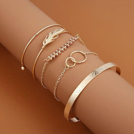 5Pcs/Set White-Toned Gold Color Bohemian Cuff Chain Bracelets | Moon Leaf Crystal Open Bangle Bracelet Set Fashion Jewelry - THELOOTSALE
