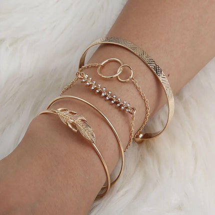 5Pcs/Set White-Toned Gold Color Bohemian Cuff Chain Bracelets | Moon Leaf Crystal Open Bangle Bracelet Set Fashion Jewelry - THELOOTSALE