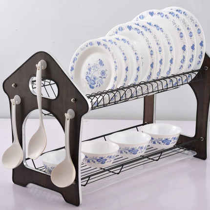 2-Layer Antique Wooden Panel Dish Drying Rack With Draining Tray - THELOOTSALE