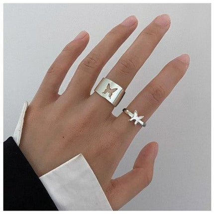 2Pcs/Set Butterfly Opening Alloy Wide Thin Hollow Couple Rings Finger Rings for Anniversary Women - THELOOTSALE