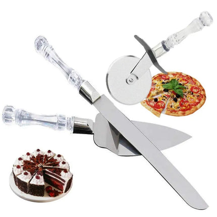 3-in-1 Stainless Steel Crystal Handle Cake Pizza Wheel Cutter Knife and Server Kit - THELOOTSALE
