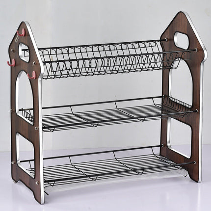 3-Layer Antique Wooden Panel Dish Drying Rack With Draining Tray - THELOOTSALE