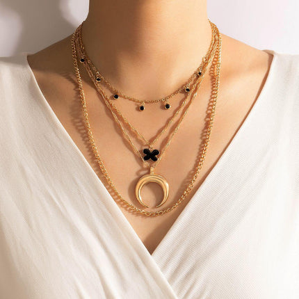 4-Layer Elegant Gold Color Black Enamel Butterfly Moon Pendant Necklace | Women Luxury Black Crystal Stone Layered Choker Fashion Jewelry Necklace - THELOOTSALE