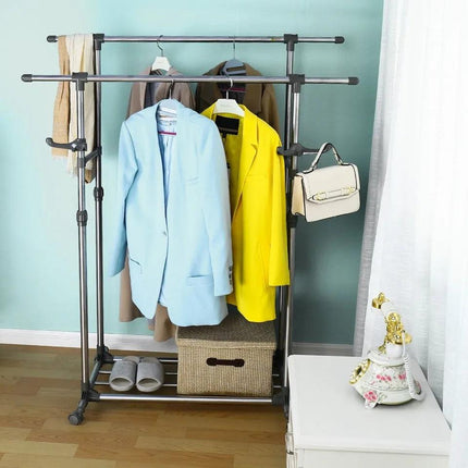 Adjustable Double-Pole Stainless Steel Clothes Drying Hanging Rack Stand with Wheels - THELOOTSALE