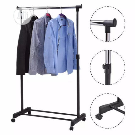 Adjustable Single-Pole Stainless Steel Wardrobe Clothes Hanging Rack Stand with Wheels Towel Stand Clothes Rack Shoe Rack Wardrobe Cabinet Almari Rack - THELOOTSALE