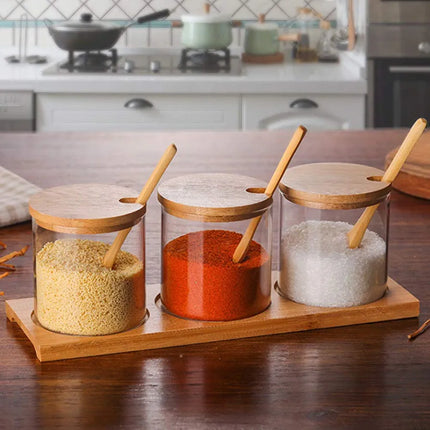 Decorative 3 Pcs Condiment Canisters Pots Set | Salt Sugar Spice Rack Containers with Lid | Seasoning Glass Containers with Bamboo Spoon Lid and Base - THELOOTSALE