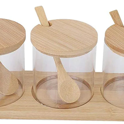 Decorative 3 Pcs Condiment Canisters Pots Set | Salt Sugar Spice Rack Containers with Lid | Seasoning Glass Containers with Bamboo Spoon Lid and Base - THELOOTSALE