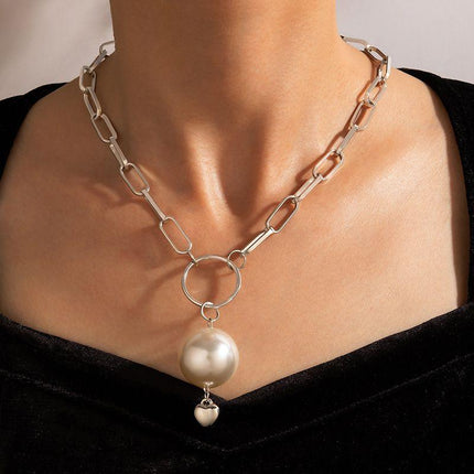 Elegant Bohemian Silver Big Pearl Pendant Choker Necklace | Alloy Metal Thick Chain Choker Jewelry Collar Fashion Jewelry - THELOOTSALE