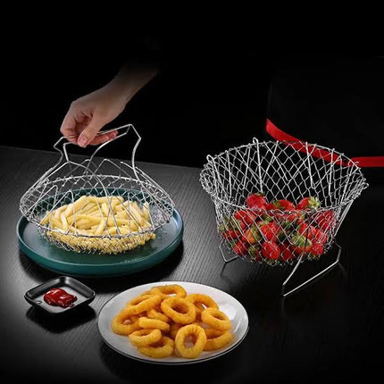 Chef Basket 12-in-1 Kitchen Tool Deluxe Boiler, Steamer, Strainer & Frying Multi-functional Collapsible Mesh Basket Foldable