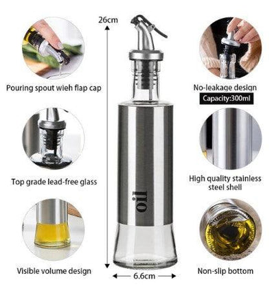 Kitchen Cooking Oil Vinegar Bottle with Dropper Best For Olive oil Usage Glass and Stainless Steel - 300 ml - THELOOTSALE