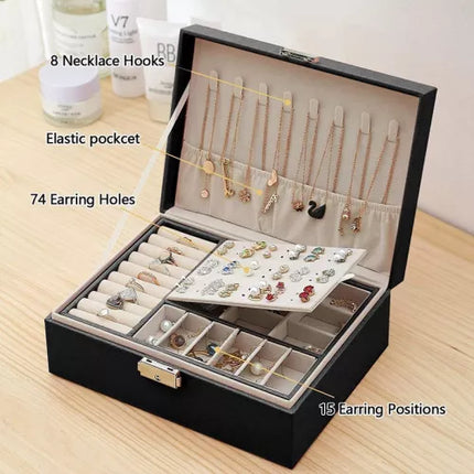 Leather Jewelry Box Snap on Jewelry Box for Women Girls Jewelry Organizer Storage Case with Two Layers Display - THELOOTSALE