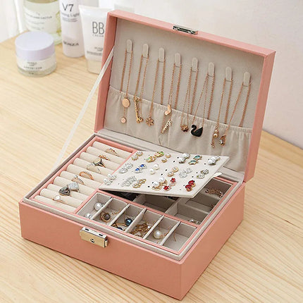 Leather Jewelry Box Snap on Jewelry Box for Women Girls Jewelry Organizer Storage Case with Two Layers Display - THELOOTSALE