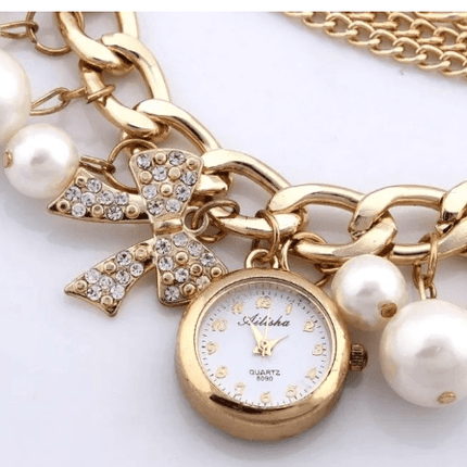 Multi-Layer Luxury Quartz Rhinestone Pearl Pendant Golden Wrist Watch Pearls Bracelet - THELOOTSALE