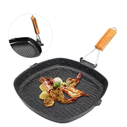 Non-Stick Heavy Gauge Square Steak BBQ Grill Pan | Folding Handle | Stain Resistant (20cm) - THELOOTSALE