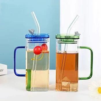 Square Glass Cups with Lids and Glass Straws Iced Coffee Mugs with Colored Handle 400ml Drinking Glasses Wide Mouth Glass Tumbler for Home Office Summer Party (Set of 1 - THELOOTSALE