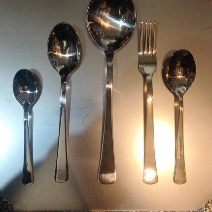 Stainless Steel Imported Non Magnetic Full Range Laser Printed Cutlery Set with Stand | Dinner Spoons | Tea/Coffee Spoons | Dinner Forks | Dessert Spoons | Rice/Curry Serving Big Spoons - THELOOTSALE