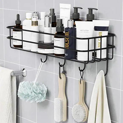 Wall Mounted Bathroom Hanging Shelf, Iron Shampoo Holder, Wall Mounted Floating Shelf With self adhesive double tape Hooks, Bathroom Shower Storage Rack (Black color) - THELOOTSALE