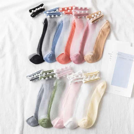 Women Pearl Transparent Thin Lace Low Cut Ankle Silk Cotton Breathable Socks Mesh Nylon Stockings - THELOOTSALE