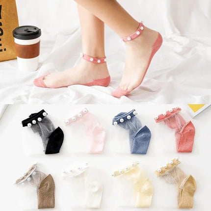 Women Pearl Transparent Thin Lace Low Cut Ankle Silk Cotton Breathable Socks Mesh Nylon Stockings - THELOOTSALE